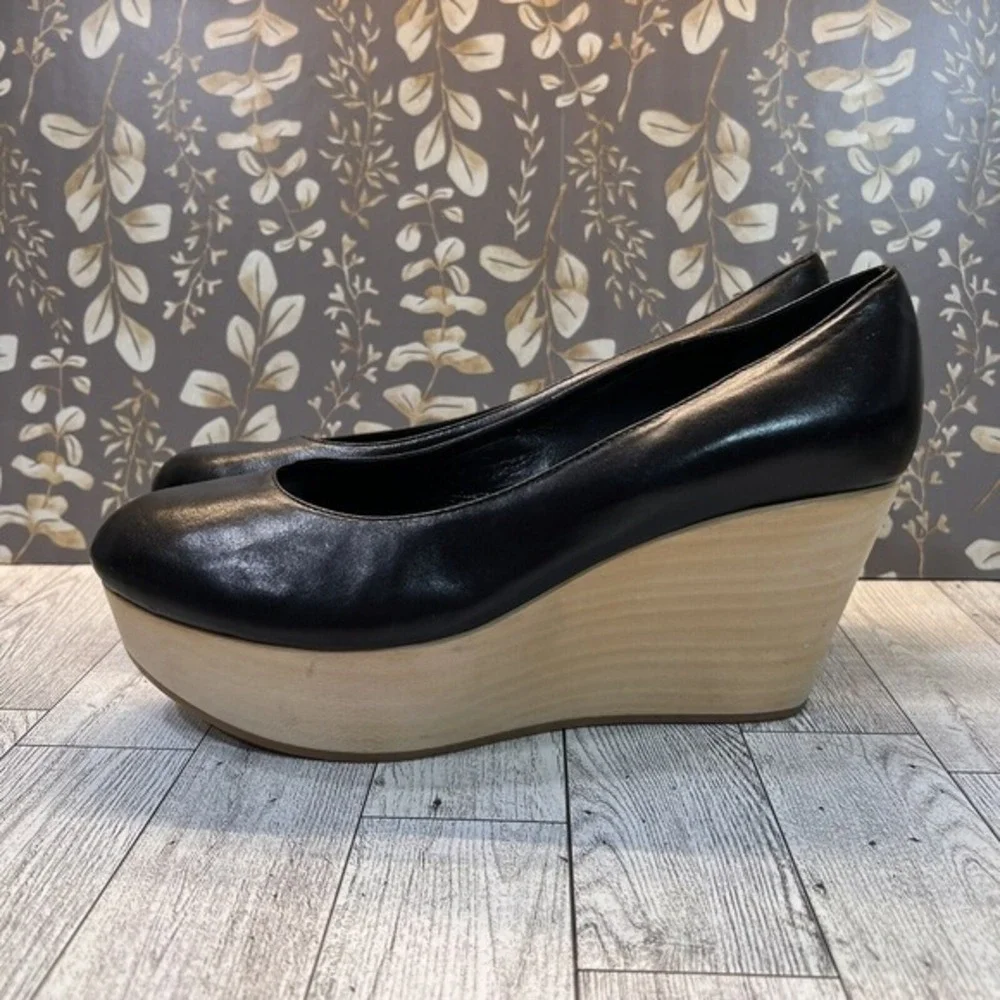 Loeffler Randall Wood‎ Platform Wedge Black Leather Shoes size 9.5 B - Picture 3 of 8